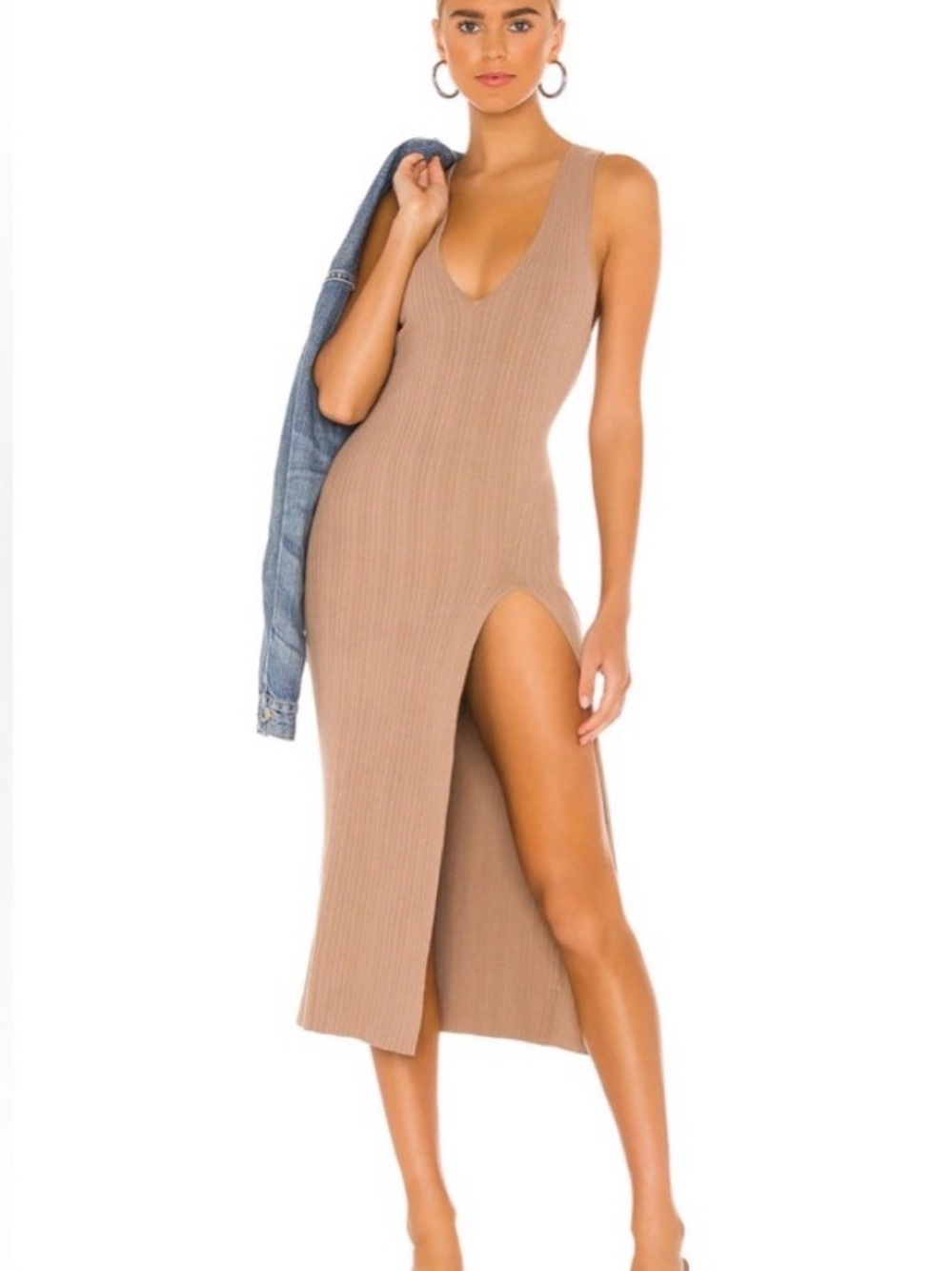 Michael Costello x REVOLVE Taupe Ribbed Bodycon Maxi Dress S